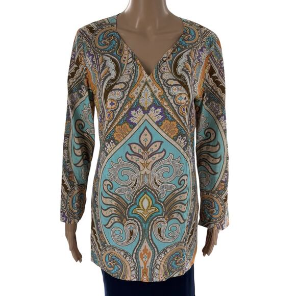J. McLaughlin Orange Paisley Damask V Neck Tunic Top - Picture 2 of 8